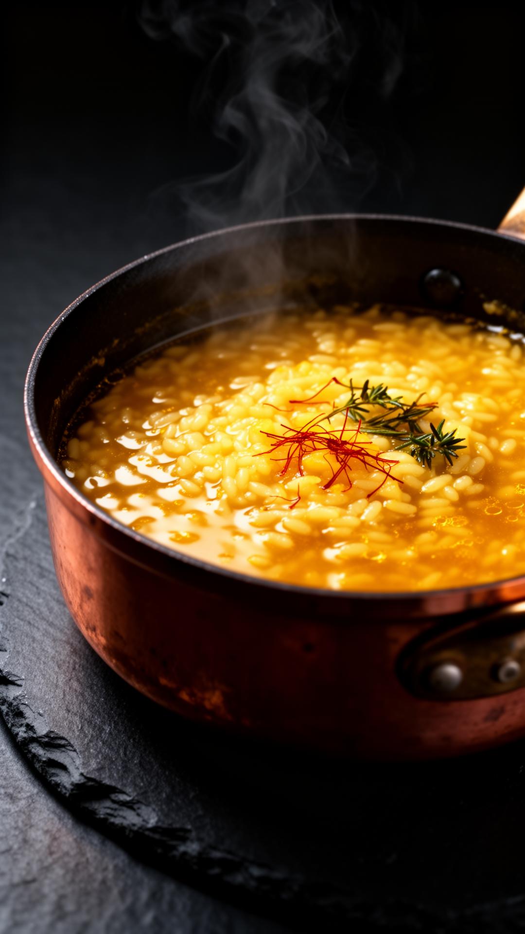 Caldo dourado sendo servido com concha de cobre